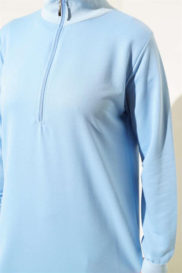 Half Zip Basic Long Tunic Ice Blue