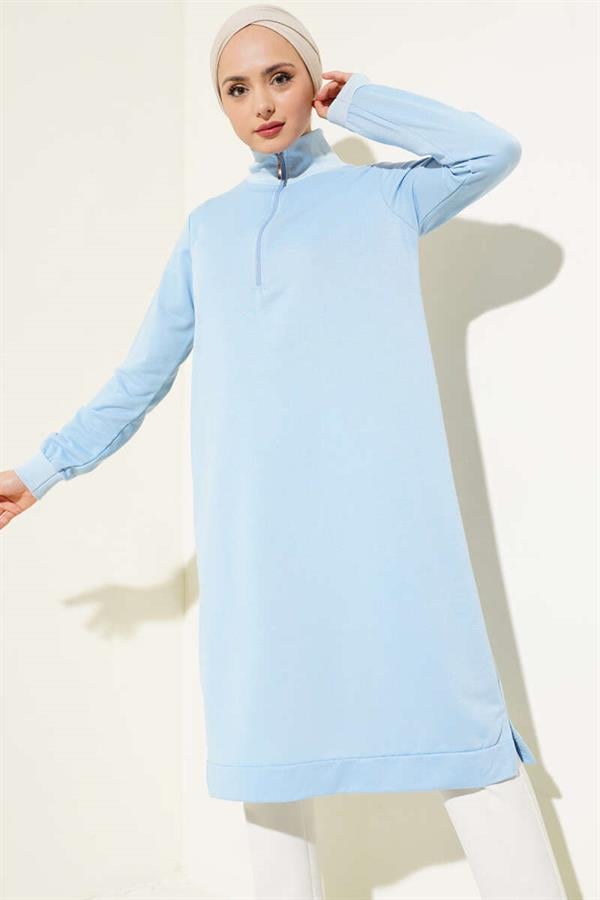 Half Zip Basic Long Tunic Ice Blue