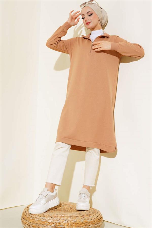  Half Zipper Basic Long Tunic Camel