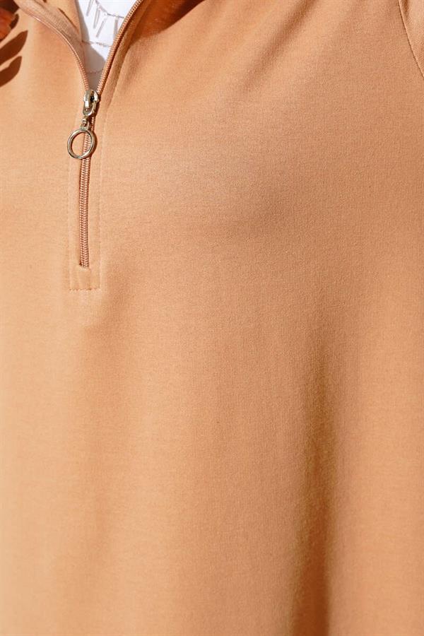  Half Zipper Basic Long Tunic Camel