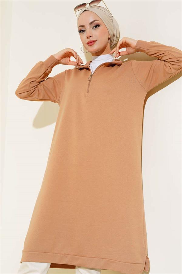  Half Zipper Basic Long Tunic Camel