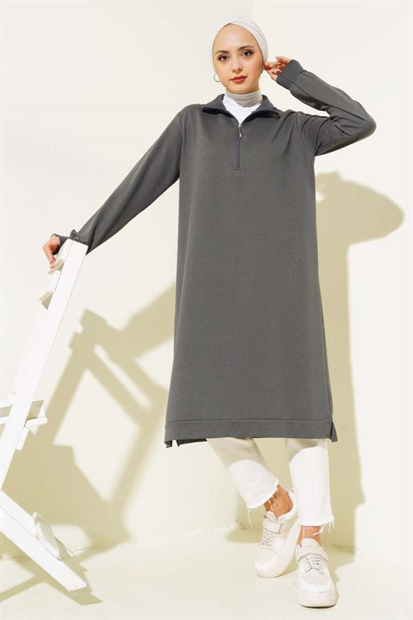 Half Zipper Basic Long Tunic Smoke
