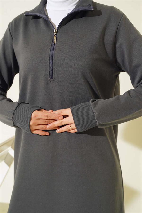 Half Zipper Basic Long Tunic Smoke