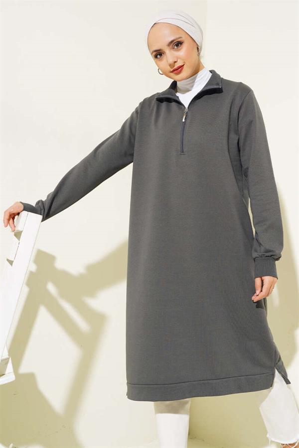 Half Zipper Basic Long Tunic Smoke