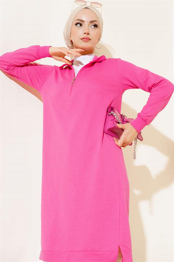 Half Zipper Basic Long Tunic Fuchsia