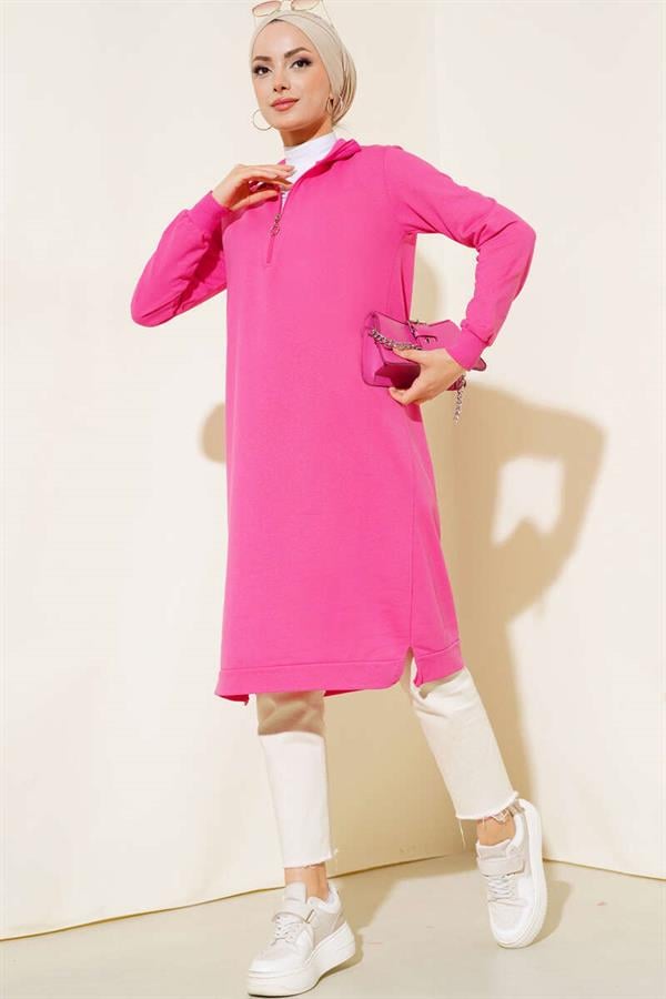 Half Zipper Basic Long Tunic Fuchsia