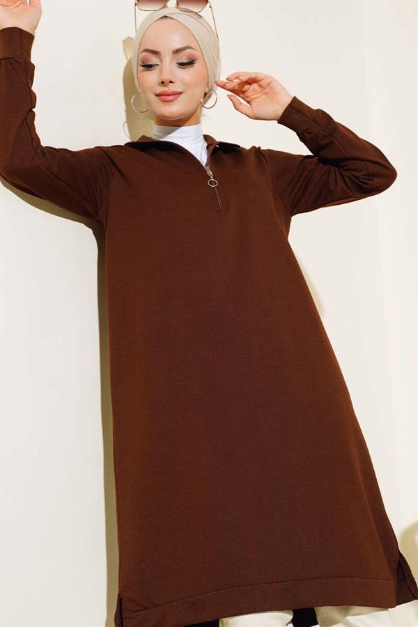  Half Zipper Basic Long Tunic Brown