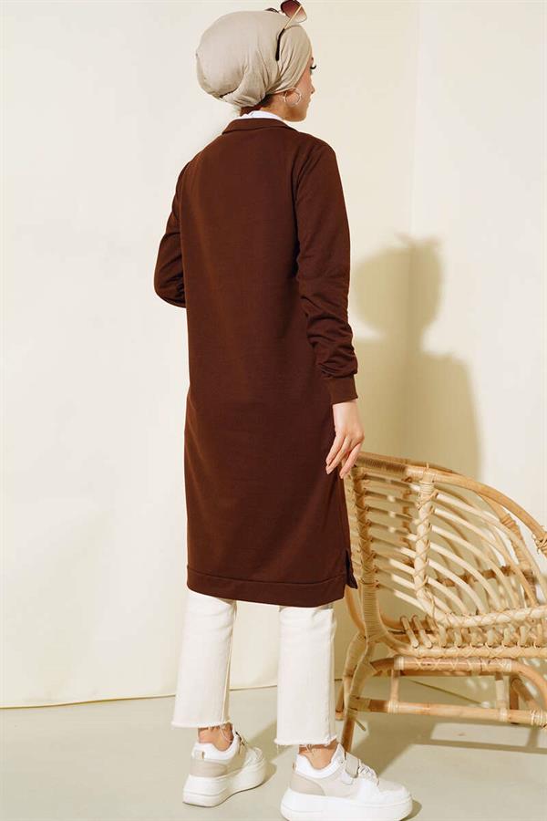  Half Zipper Basic Long Tunic Brown