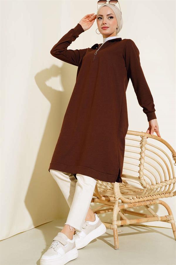 Half Zipper Basic Long Tunic Brown