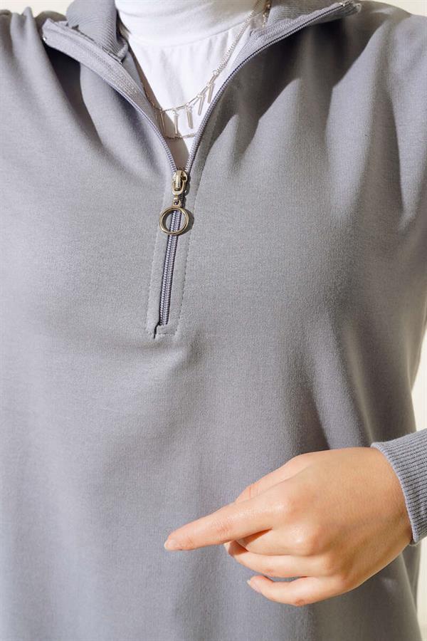  Half Zip Basic Long Tunic Slate Gray