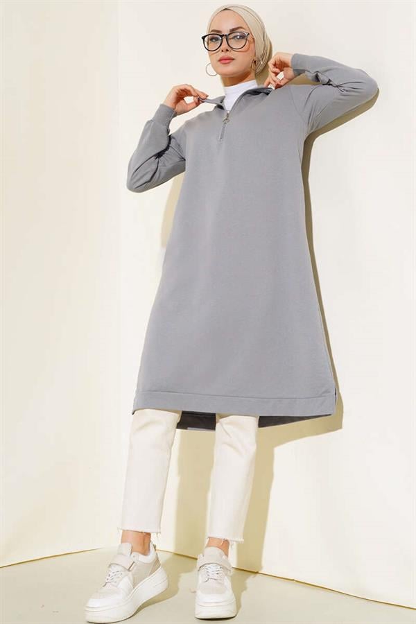  Half Zip Basic Long Tunic Slate Gray