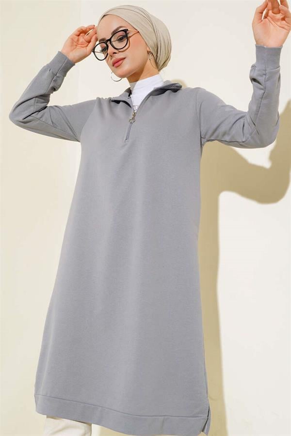  Half Zip Basic Long Tunic Slate Gray