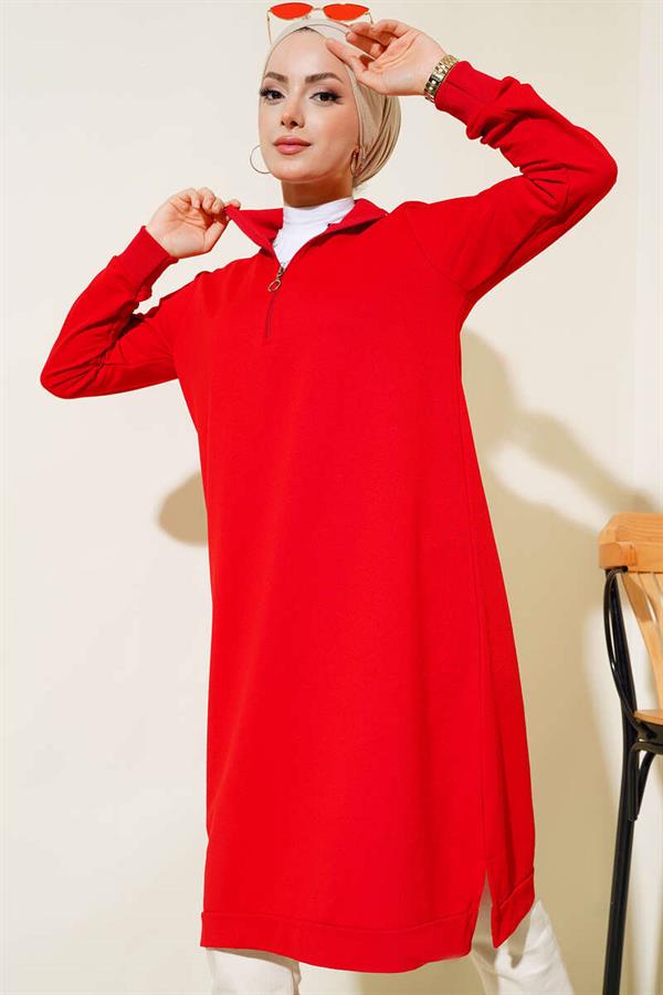  Half Zipper Basic Long Tunic Red