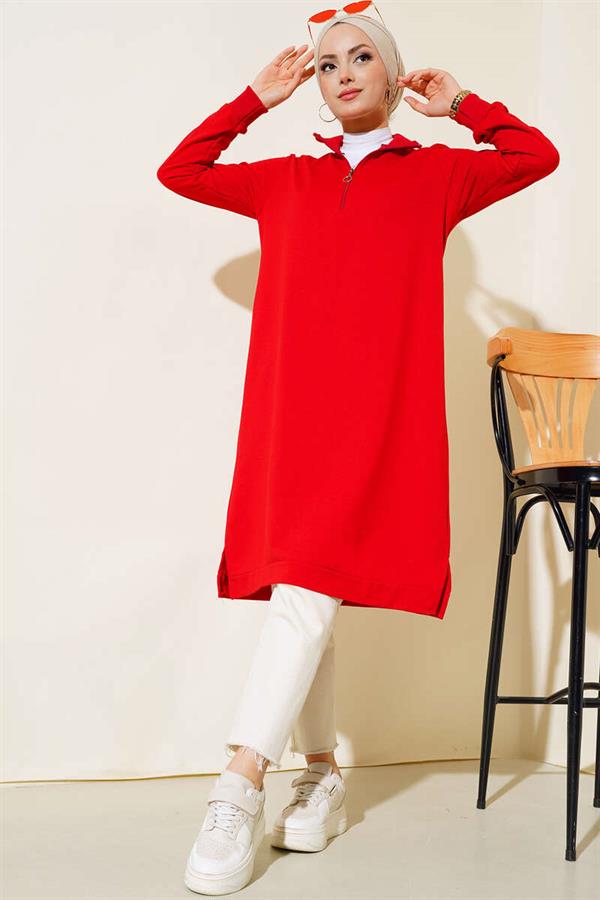  Half Zipper Basic Long Tunic Red