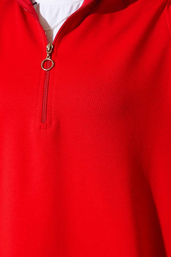  Half Zipper Basic Long Tunic Red