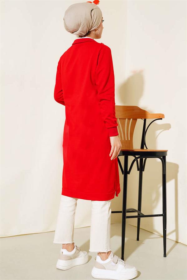  Half Zipper Basic Long Tunic Red