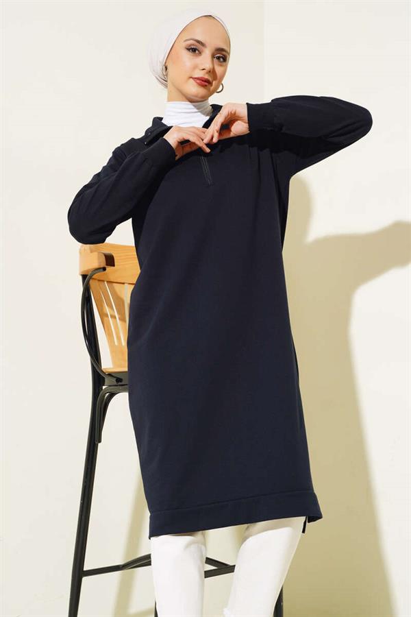 Half Zipper Basic Long Tunic Navy Blue