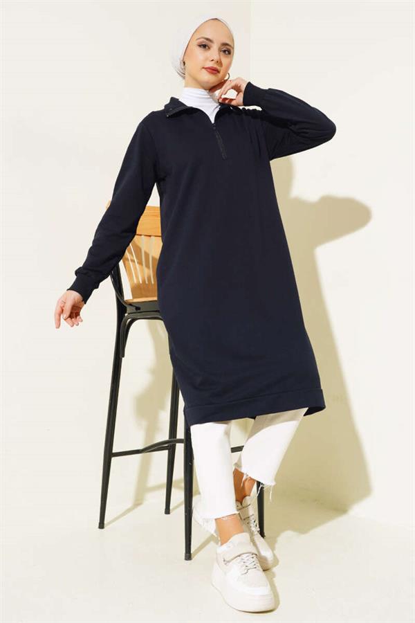 Half Zipper Basic Long Tunic Navy Blue