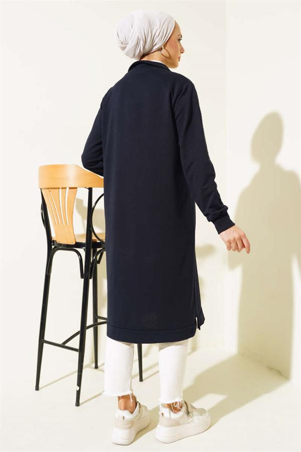 Half Zipper Basic Long Tunic Navy Blue