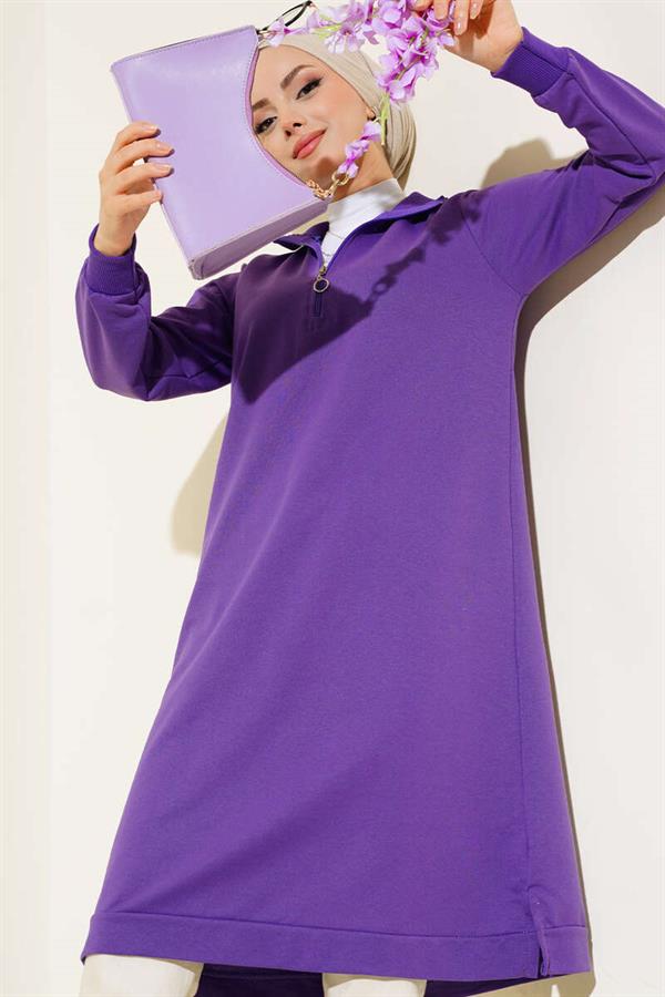Half Zipper Basic Long Tunic Lilac