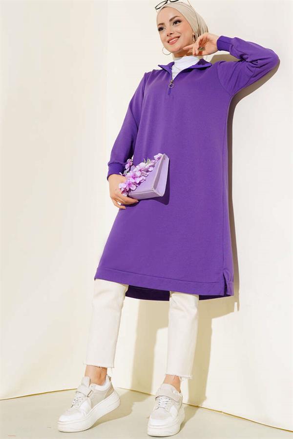 Half Zipper Basic Long Tunic Lilac