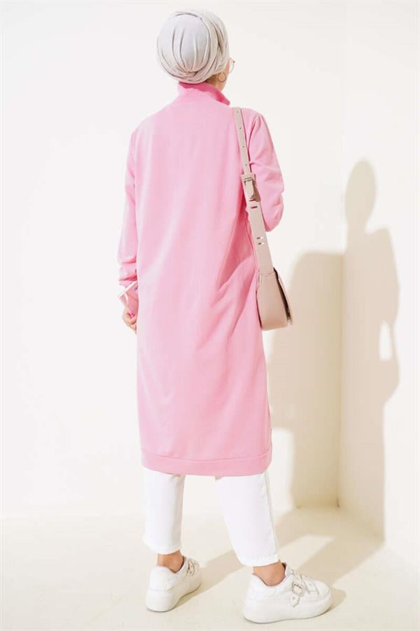  Half Zipper Basic Long Tunic Pink