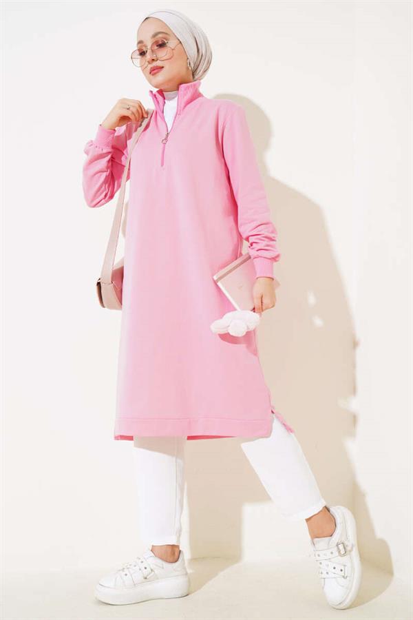  Half Zipper Basic Long Tunic Pink