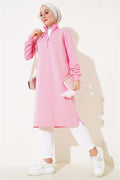  Half Zipper Basic Long Tunic Pink