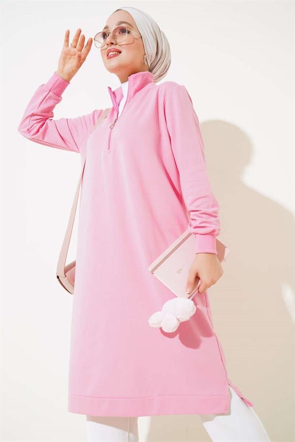  Half Zipper Basic Long Tunic Pink