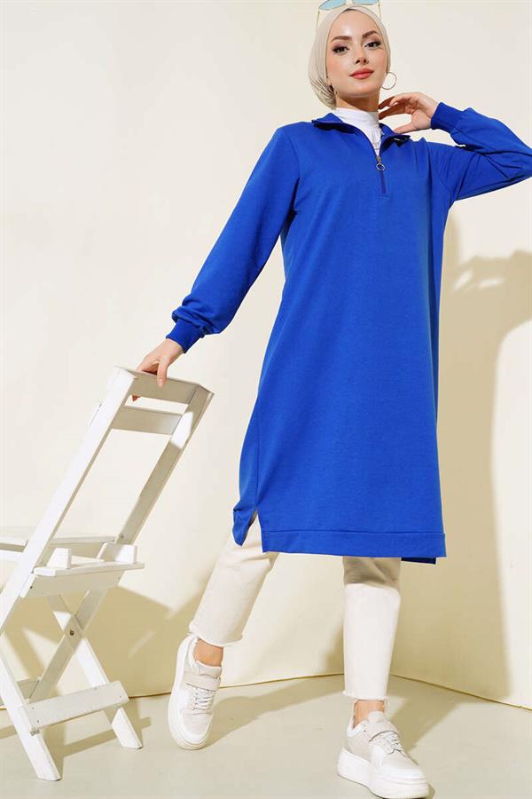 Half Zipper Basic Long Tunic Saxe