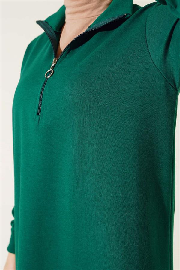 Half Zip Basic Long Tunic Emerald Green
