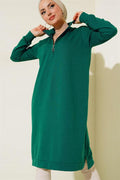 Half Zip Basic Long Tunic Emerald Green