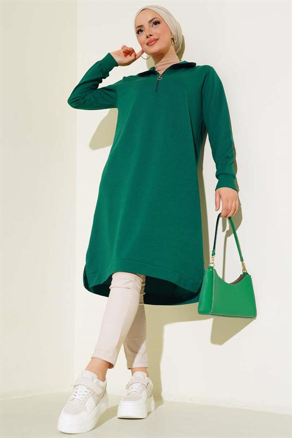 Half Zip Basic Long Tunic Emerald Green