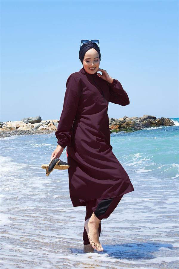 Half Zippered Adjustable Waist Modest Burkini Swimsuit Dark Burgundy