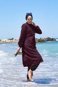 Half Zippered Adjustable Waist Modest Burkini Swimsuit Dark Burgundy