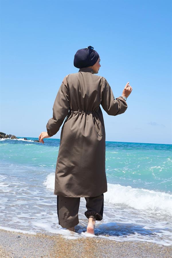 Half Zippered Adjustable Waist Modest Swimsuit Burkini Khaki