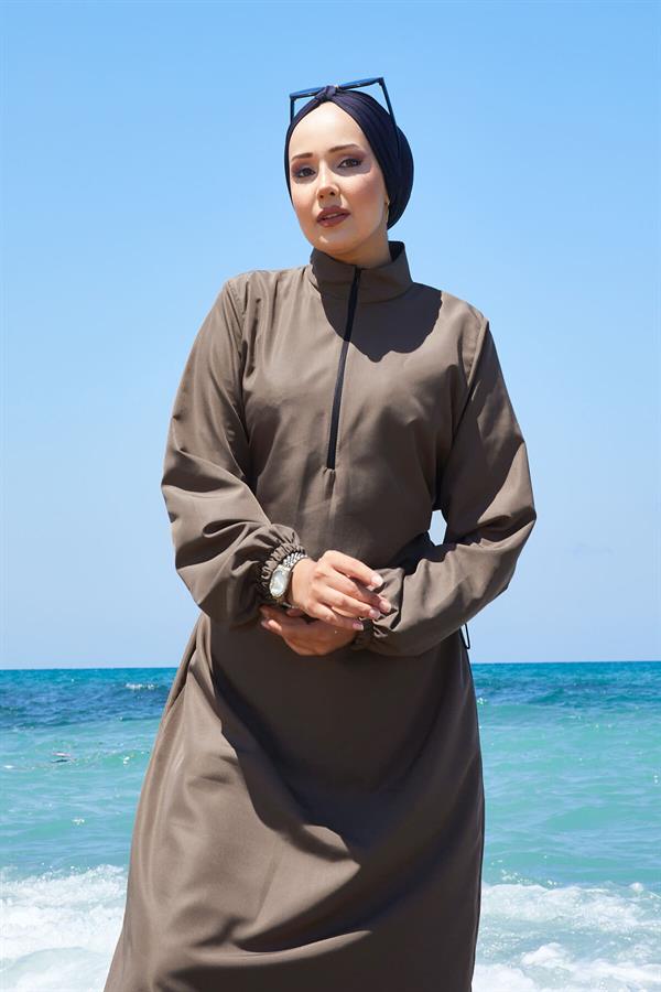 Half Zippered Adjustable Waist Modest Swimsuit Burkini Khaki