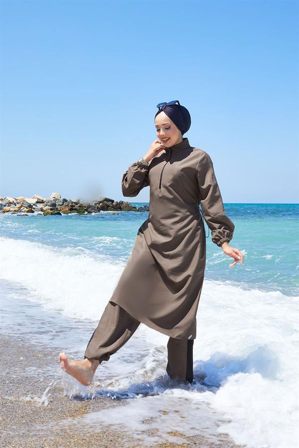 Half Zippered Adjustable Waist Modest Swimsuit Burkini Khaki