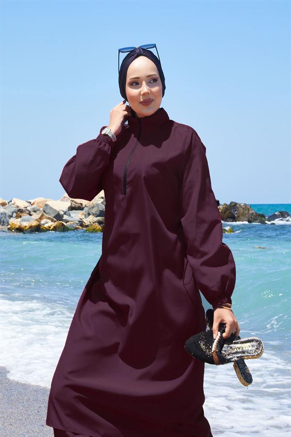 Half Zippered Adjustable Waist Modest Burkini Swimsuit Dark Burgundy