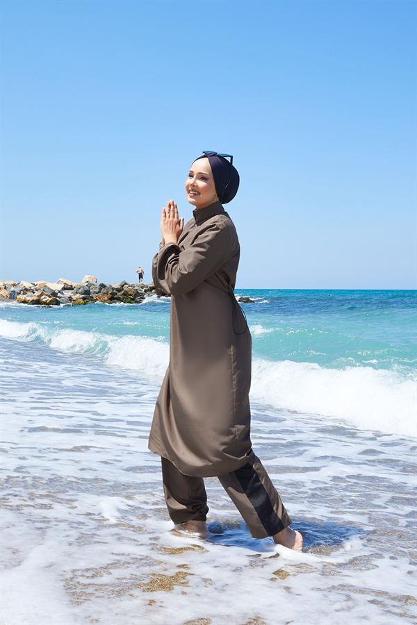 Half Zippered Adjustable Waist Modest Swimsuit Burkini Khaki