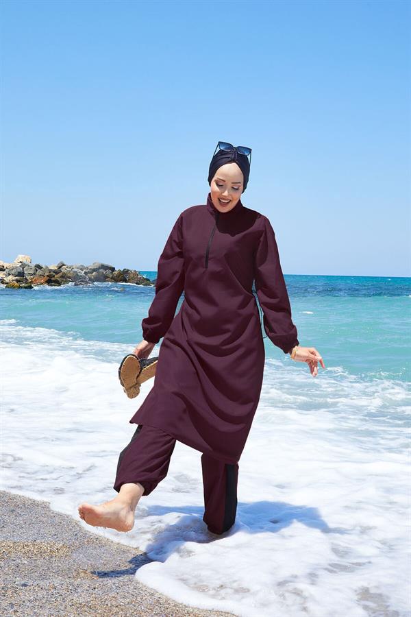 Half Zippered Adjustable Waist Modest Burkini Swimsuit Dark Burgundy