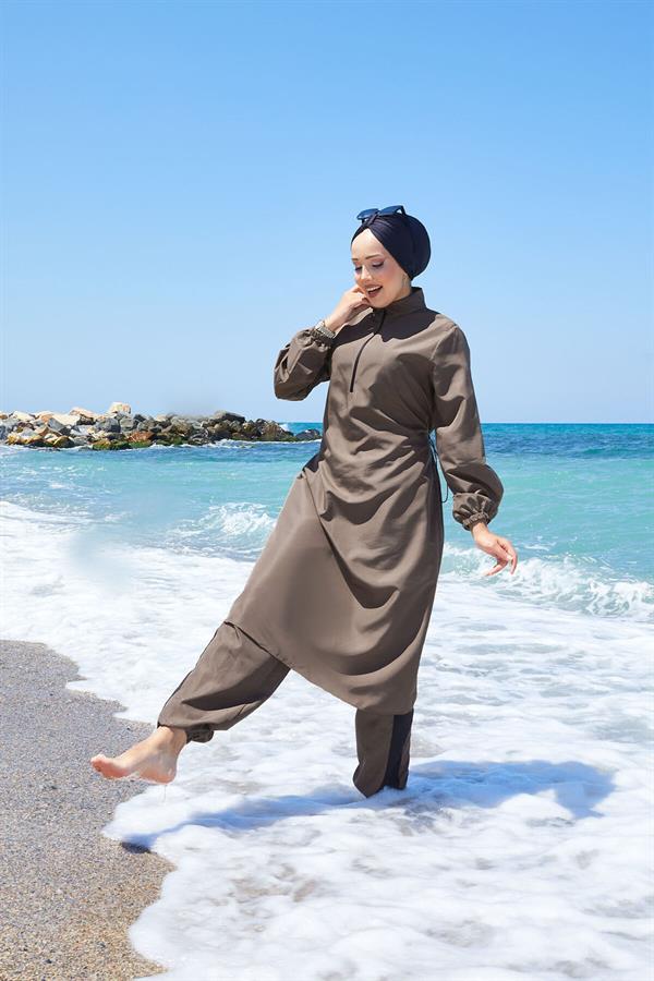 Half Zippered Adjustable Waist Modest Swimsuit Burkini Khaki