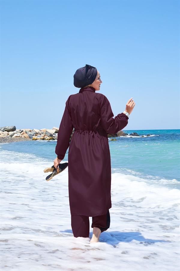 Half Zippered Adjustable Waist Modest Burkini Swimsuit Dark Burgundy