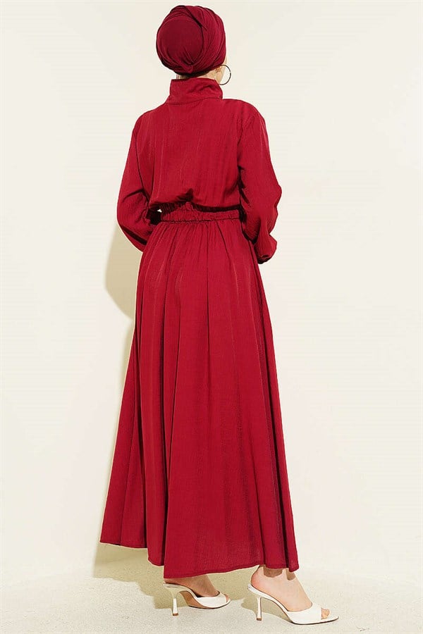 Half-Zip Elastic Waist Dress, Burgundy