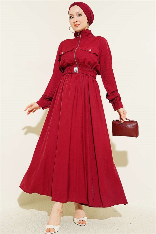 Half-Zip Elastic Waist Dress, Burgundy