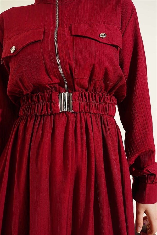 Half-Zip Elastic Waist Dress, Burgundy