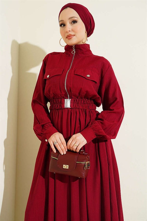Half-Zip Elastic Waist Dress, Burgundy