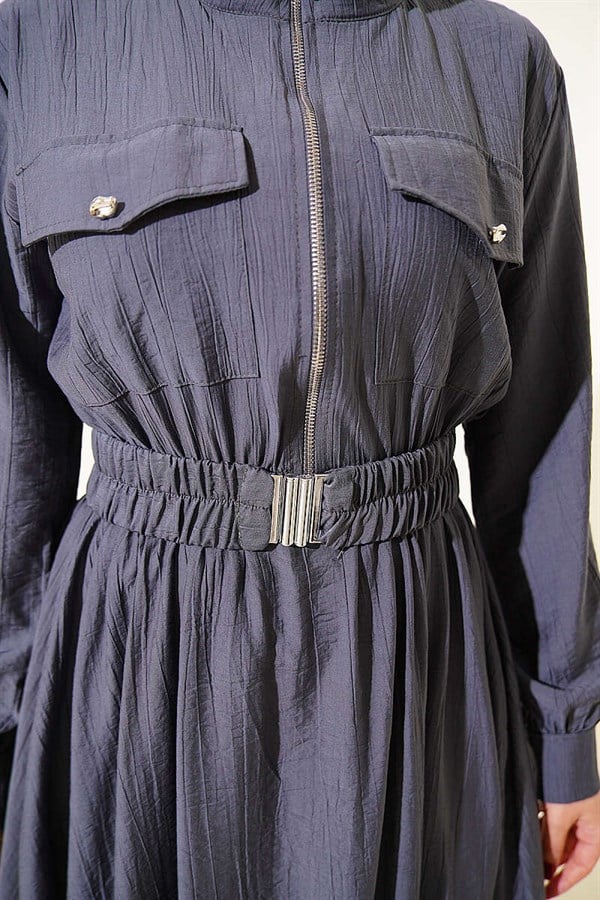 Half-Zip Elastic Waist Dress, Smoke Grey