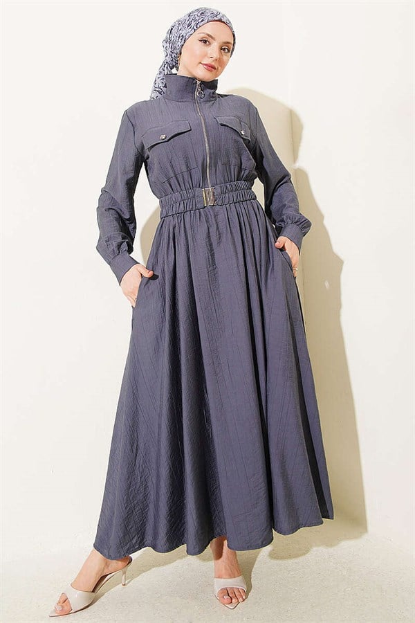 Half-Zip Elastic Waist Dress, Smoke Grey