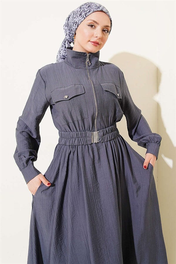 Half-Zip Elastic Waist Dress, Smoke Grey